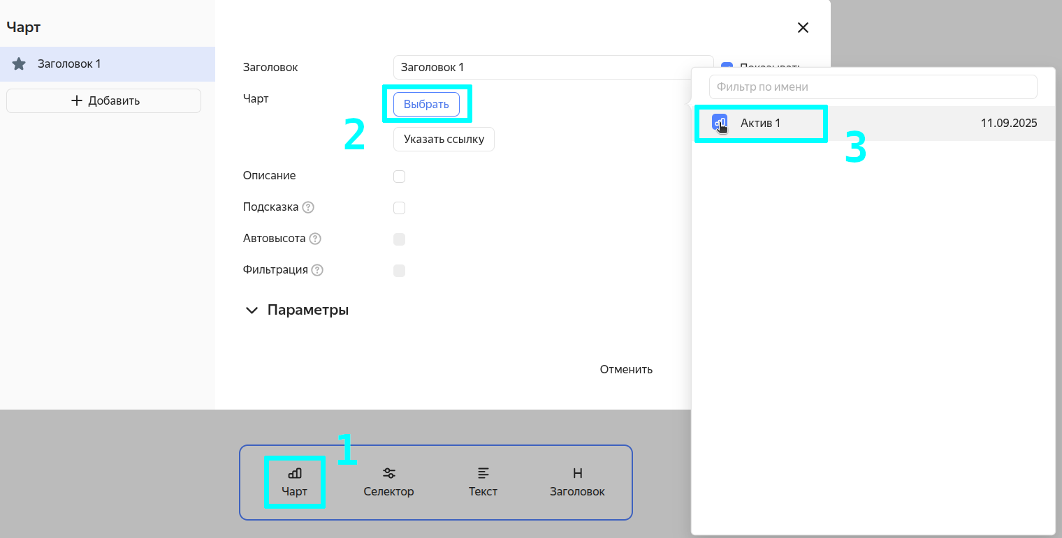 Прикрепить чарт к дашборду