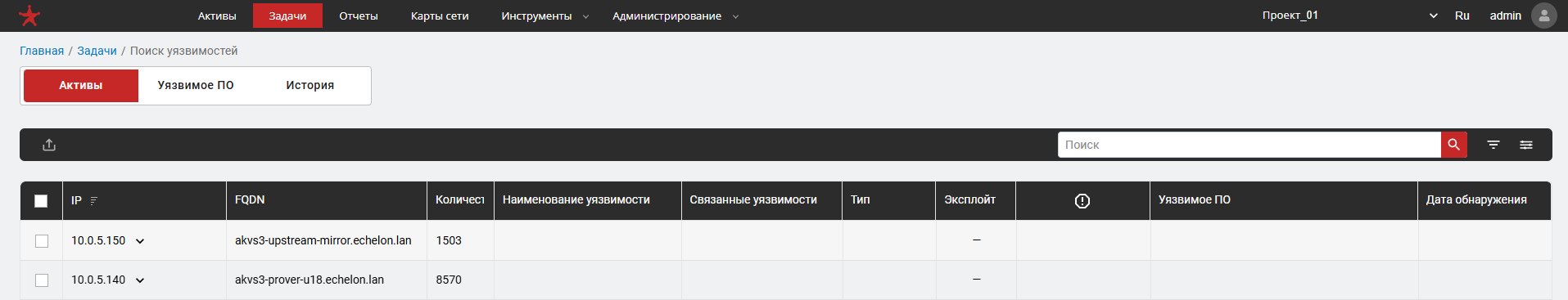 Вкладка «Активы» результатов поиска уязвимостей
