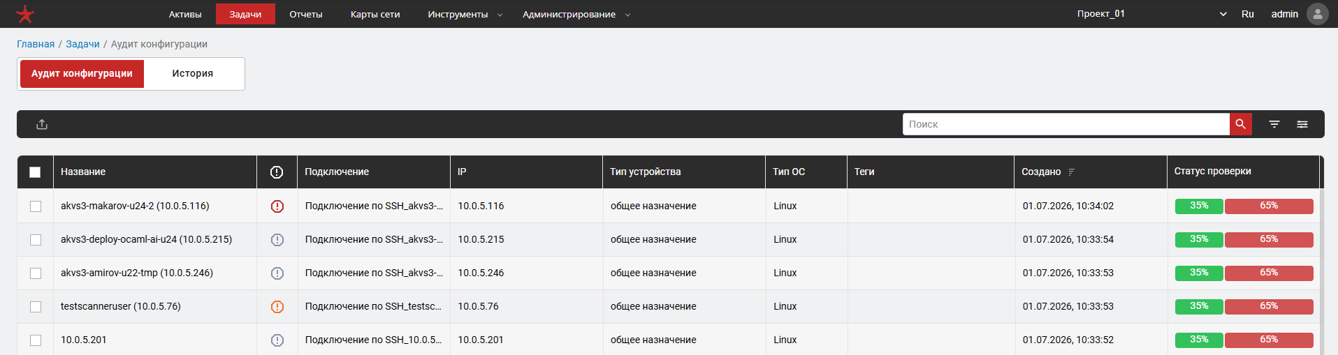 Результат проверки задачи аудит конфигурации