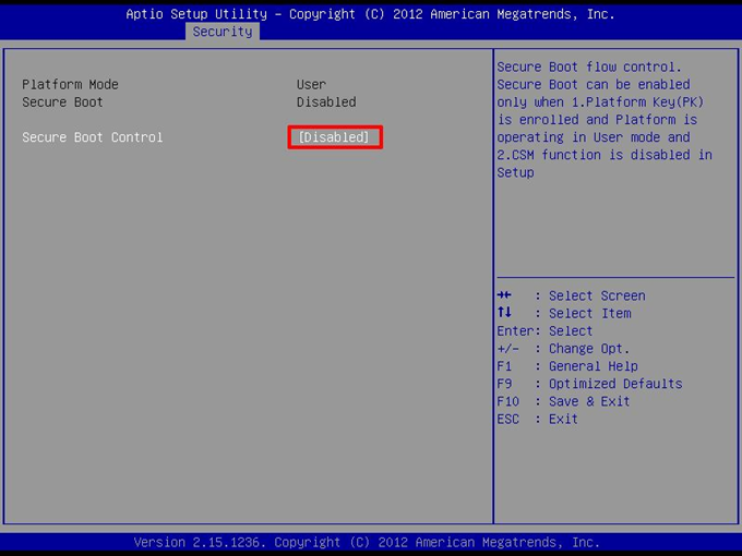 Управление опцией «Secure Boot Control» BIOS типа AMI