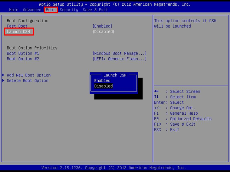 Включение функции «Launch CSM» BIOS типа AMI
