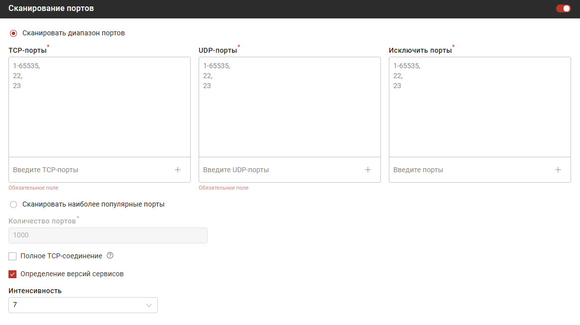 Блок настроек сканирования портов