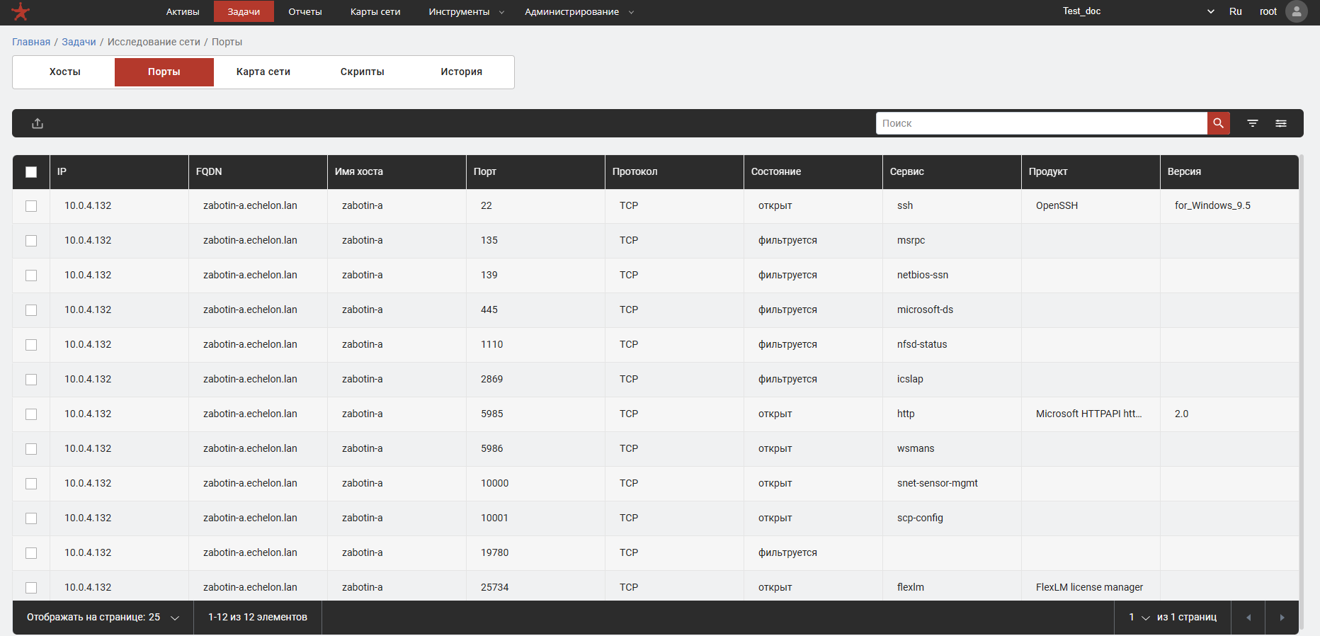 Список обнаруженных портов